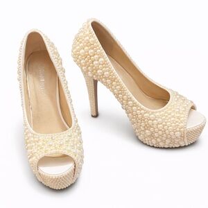 Pearl-Studded Peep-Toe Heels